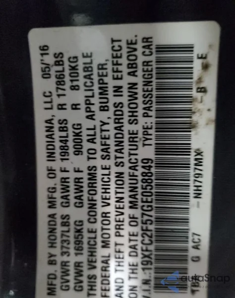 2016 Honda Civic Lx из США, поврежденный, VIN 19XFC2F57GE058849